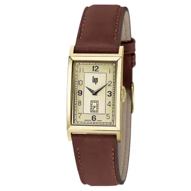 montre-lip-churchill-t18-quartz-acier-pvd-cadran-dore-bracelet-cuir-marron.webp